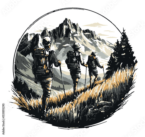 Adventurous Hikers Trekking Through Scenic Mountain Landscape Artwork