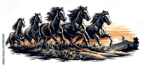 Dynamic Cartoon Horses Running in a Sunset Landscape Illustration