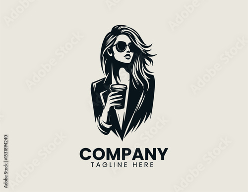 Contemporary Woman Long Hair Sipping Drink Cup Blazer Stylish Vector Logo Design