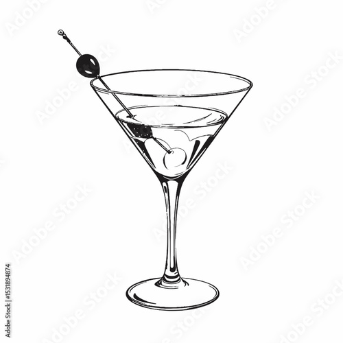 Classic cocktail glass with olive garnish and ice cubes  