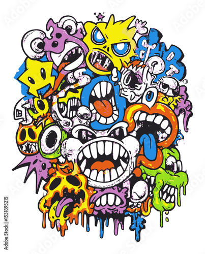Colorful Abstract Vector Art with Expressive Faces and Emotive Elements