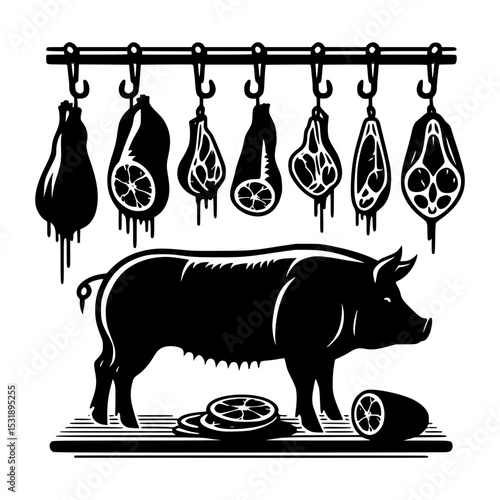 Butchery shop pig meat hanging Silhouette 