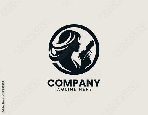 Powerful Woman Silhouette Holding Gun Bold Strength Dynamic Vector Logo Design