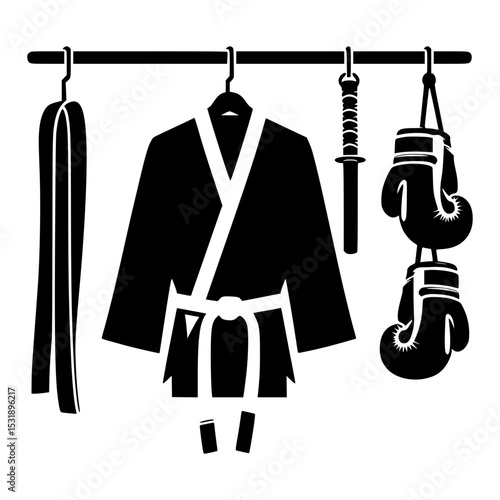 Martial arts equipment hanging on rack