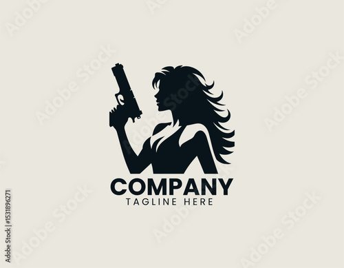 Powerful Woman Silhouette Holding Gun Bold Strength Dynamic Vector Logo Design