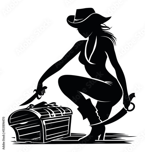 Silhouette of Adventurous Woman Finding Treasure in a Pirate Setting