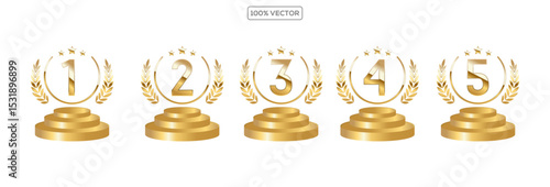 Set of Golden Number Award on Podium Stage. Number Ranking 1 2 3 4 5. Vector Illustration