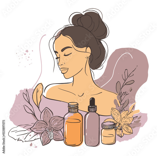 Beauty and Wellness Illustration Featuring Essential Oils and Floral Elements