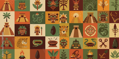 flat geometric illustration inspired by the ancient Mayan civilization