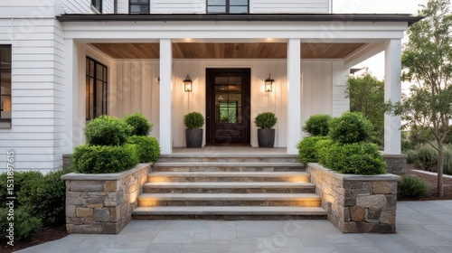 Wallpaper Mural A charming farmhouse entrance with dark wood door clean white paneling stone steps lead up to porch with Torontodigital.ca