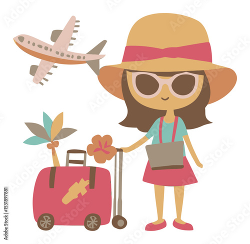 Cheerful Cartoon Girl Traveling with Luggage and Airplane in Background