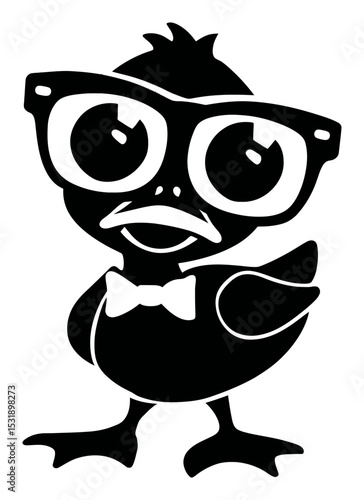 Cute Cartoon Duck Character in Silhouette Wearing Glasses and Bowtie