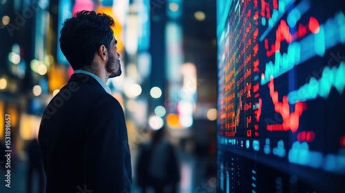 Businessman watches stock market trends on a large digital display