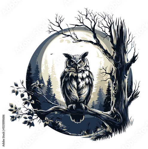 Enigmatic Owl on Branch Under Moonlight in Cartoon Vector Style