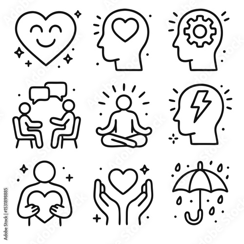 Mental health icons depict emotional wellbeing. Suitable for mental health resources, articles, websites, and presentations focusing on wellness.