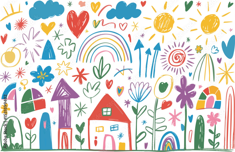 Colorful Hand Drawn Doodle Pattern with Houses Flowers Rainbows Clouds and Hearts Colorful Hand Drawn Doodle Pattern with Houses Flowers Rainbows Clouds and Hearts