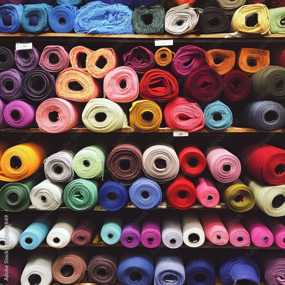 Fototapeta premium 5. Rolls of multi-colored fabric arranged neatly on shelves in a fabric store. 