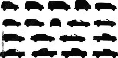 Vector illustration of assorted vehicle silhouettes including cars, vans, trucks, and convertibles in side view, ideal for transport icon sets, infographics, and branding