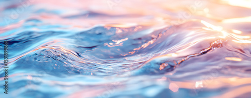 Blue abstract water drops reflect the clear sky and sunlit horizon, creating a beautiful summer wave