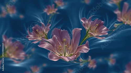 Delicate, light-purple flowers suspended in swirling, dark-blue fabric