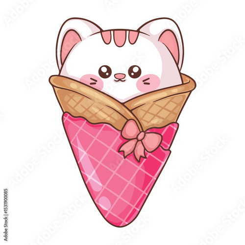 Cute kawaii cat in ice cream cone. Vector illustration