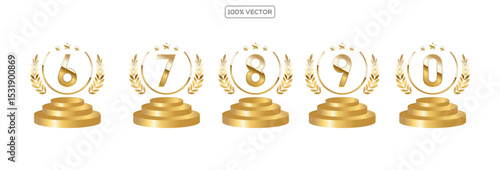 Set of Golden Number Award on Podium Stage. Number Ranking . Vector Illustration