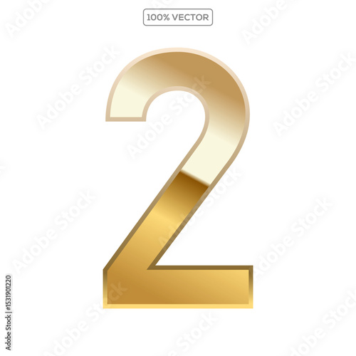 Gold 3d numbers 2 with endings made of golden isolated on transparent background. Vector elements template