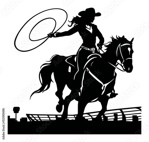 Silhouette of Cowgirl with Lasso Riding Horse in Dynamic Pose