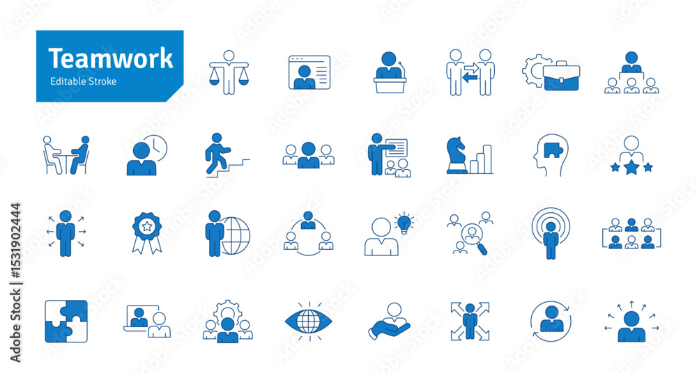 Fototapeta Teamwork Blue Line Icons Set. Leadership, Manager, Business Strategy, Meeting, Analyzing, Workflow, Team Icons Editable Stroke Vector Illustration
