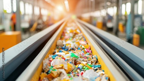 Wallpaper Mural A conveyor belt transports colorful mixed waste materials in a modern recycling or waste management facility with bright lighting. Torontodigital.ca