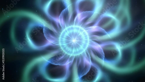 Radiating blue-purple flower with swirling petal-like lights and central core, loopable abstract animation for energetic and meditative visuals.


