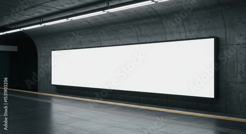 Fototapeta Naklejka Na Ścianę i Meble -  Large blank billboard mockup in a dark, empty concrete subway station tunnel. Ideal for advertising, marketing, or urban-themed designs. Copy space...