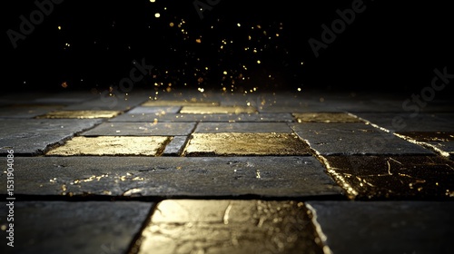 Elegant golden floor glowing with scattered light particles, deep space black setting