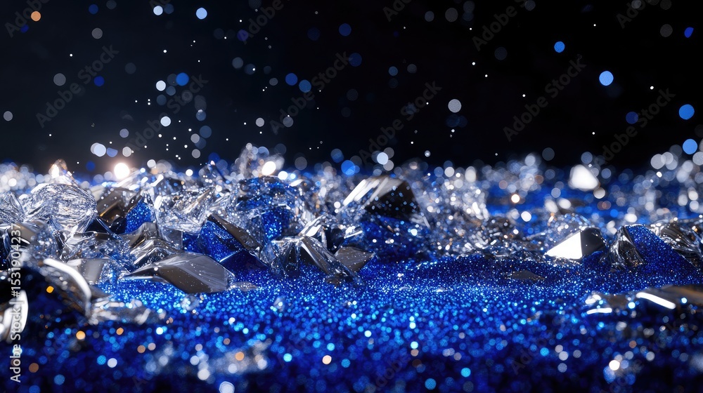 Obraz premium Dreamy glitter lights in silver and deep blue, softly glowing against darkness