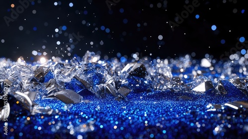 Dreamy glitter lights in silver and deep blue, softly glowing against darkness