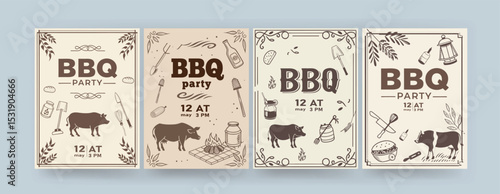 BBQ party time, grill party retro poster set. Vector modern illustrations of BBQ in nature