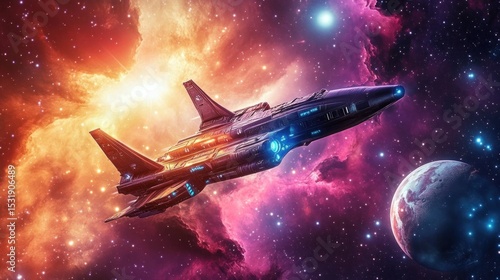 Wallpaper Mural A spaceship traveling through a colorful nebula with stars and planets dotting the horizon. Torontodigital.ca