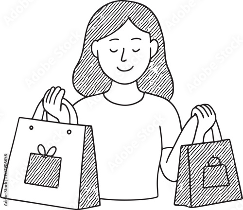 A cheerful woman with a smiling face, holding shopping bags, embodying the joy of shopping. Ideal for retail, fashion, and lifestyle illustrations with a modern, relatable character design