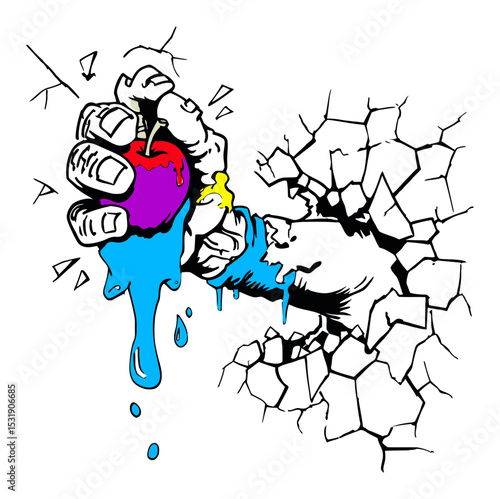 Bold Vector Illustration of a Fist Crushing an Apple Through Wall