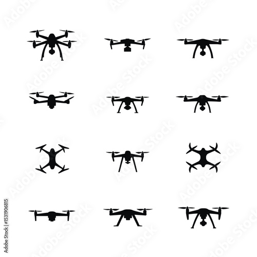 Twelve drone silhouettes various designs aerial vehicles