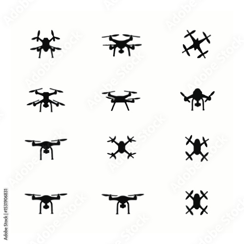 Twelve drone silhouettes various designs aerial vehicle icons