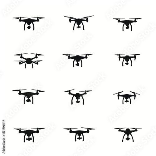 Twelve drone silhouettes aerial view variations