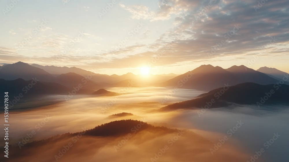 Fototapeta premium A breathtaking sunrise over misty mountain ranges with soft clouds and warm golden light illuminating the fog-covered valley below.