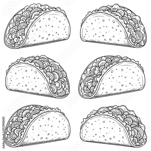Taco clipart Vector bundle.Taco lineart vector  bundle.  Burrito vector illustration bundle. Tex Mex Taco vector bundle . Mexican Street Tacos  bundle. Mexican Tacos Vector  bundle. 