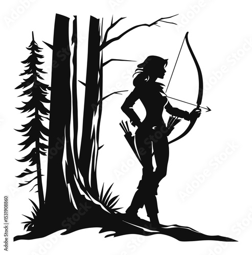 Silhouette of Archer in Forest with Bow and Arrow for Vector Design