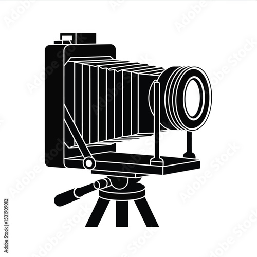 Vintage large format camera on tripod black and white illustration
