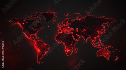 Digital world map with a glowing red outline on a black background
