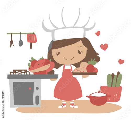 Cute Cartoon Chef with Strawberries and Cooking Tools in Kitchen