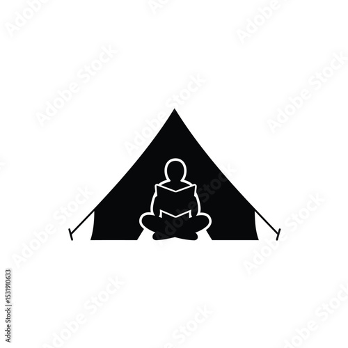 Person reading book inside camping tent silhouette