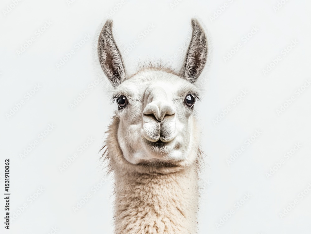 Fototapeta premium A llama with a puzzled look, isolated on a neutral white background